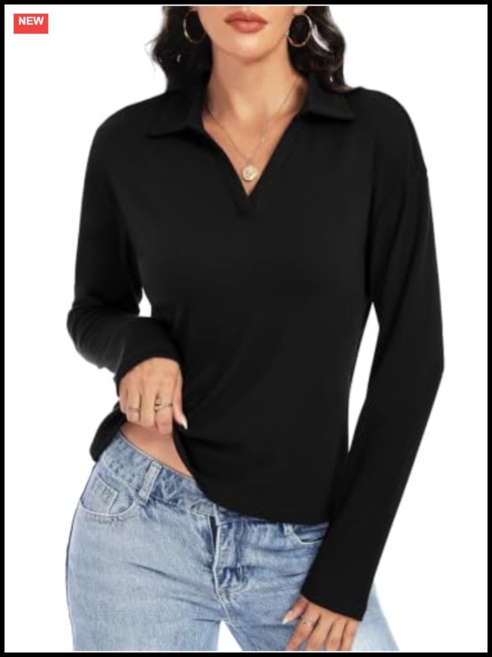 Women's Long Sleeve Crop Top Collared V Neck Polo T Shirt